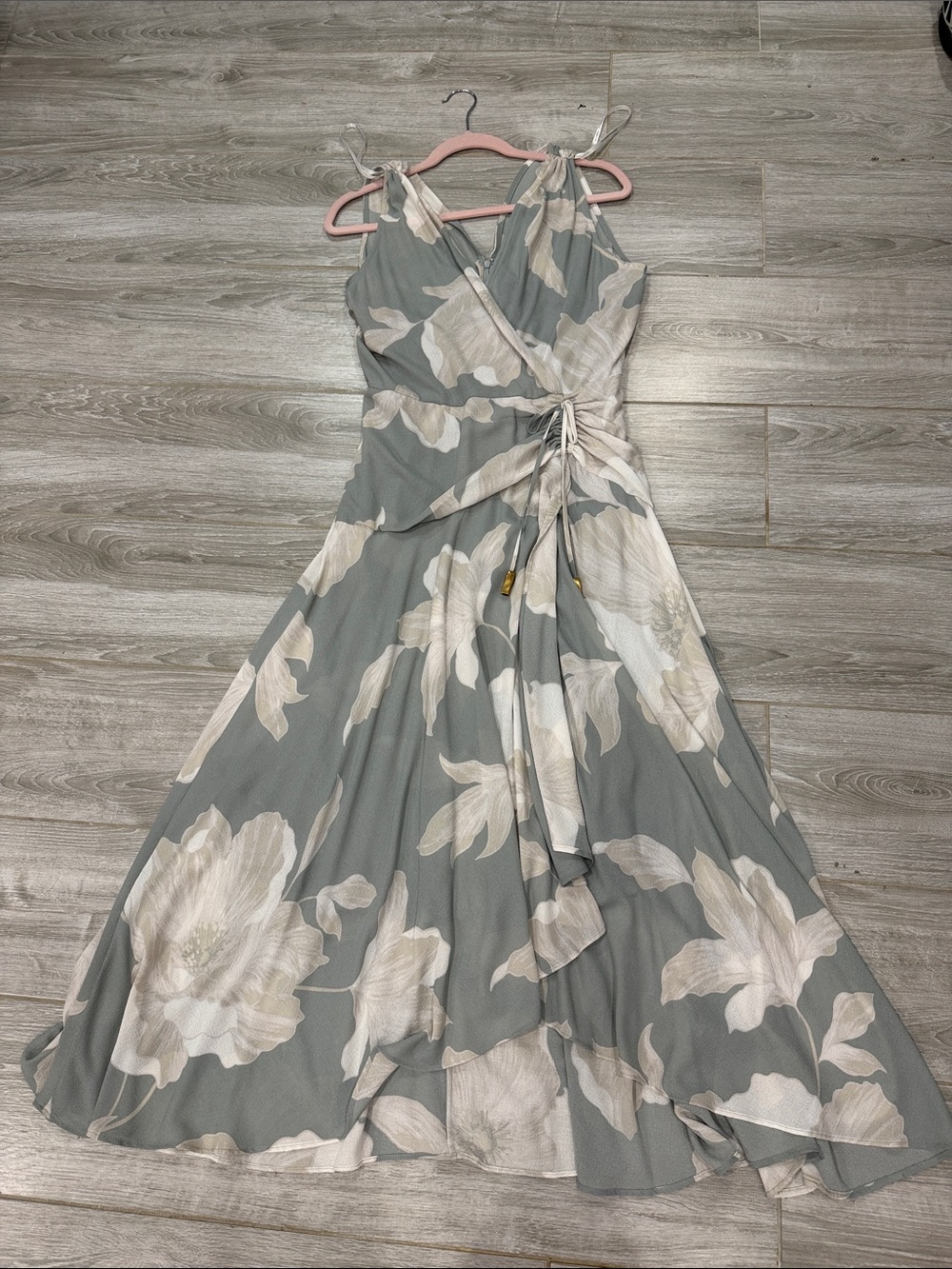 Donna Karan Floral Wrap Maxi Dress in Sage and Cream size 10